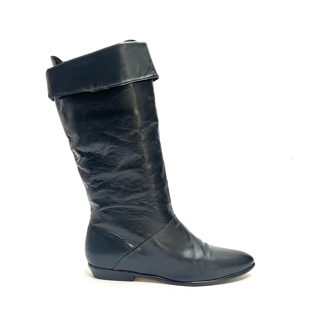 Vintage 1970s black leather mid calf fold over pirate cosplay boots